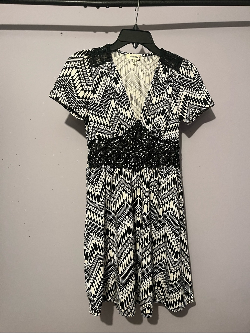 Monteau Geometric V-Neck Dress with a Crochet Waist